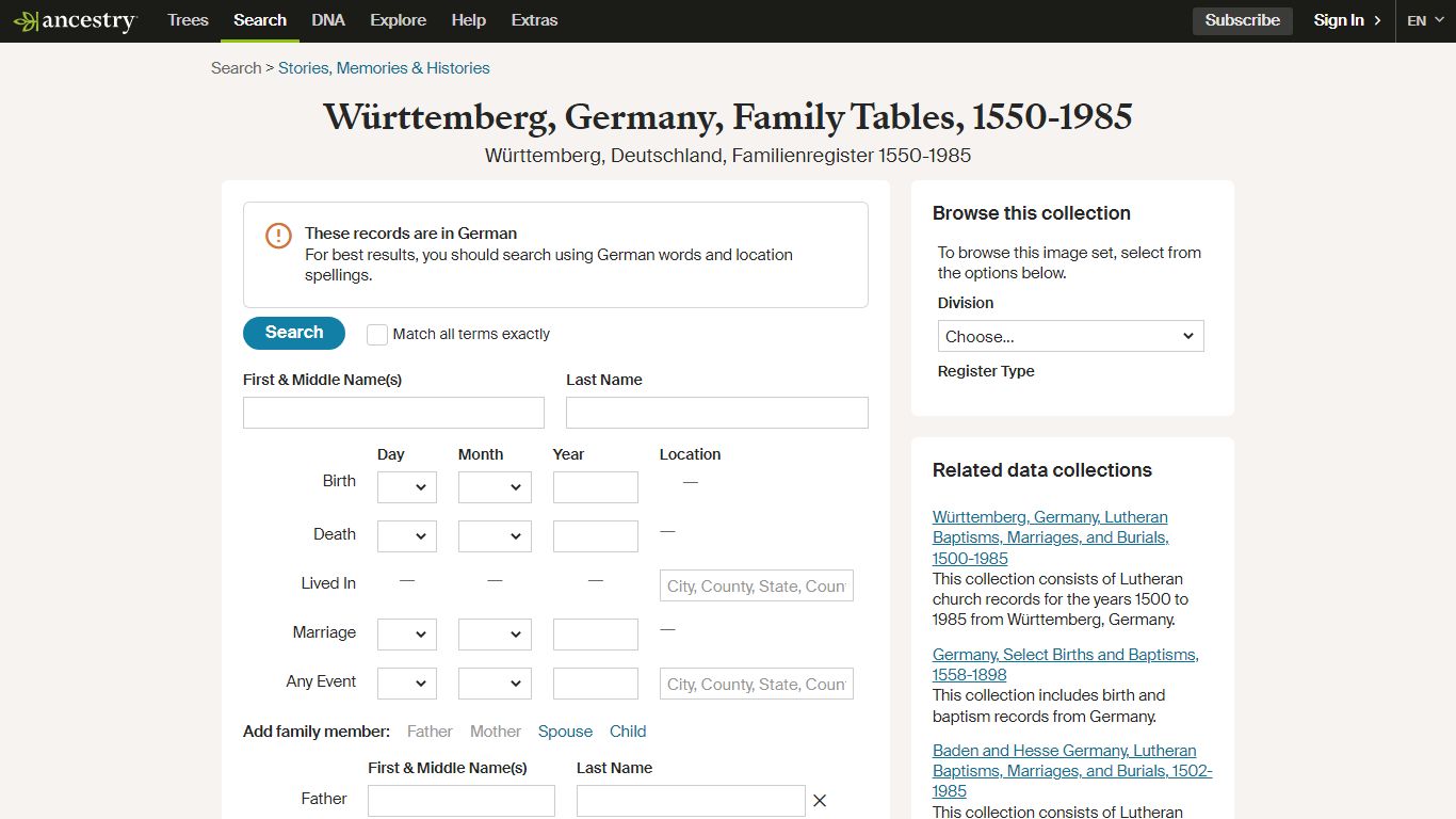 Württemberg, Germany, Family Tables, 1550-1985