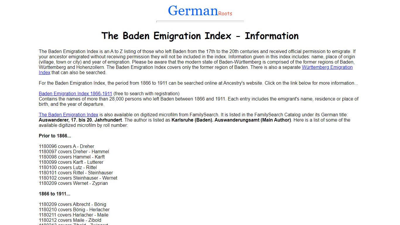 German Roots : The Baden Emigration Index - Information